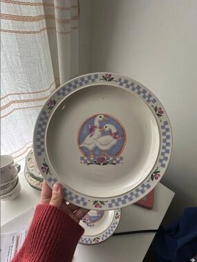 Gibson “Sugar Hill” Dinner Plate - Duck Motif Cerami- Pastel Blue & Pink